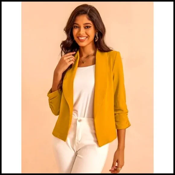 3/4 Sleeve Cropped Blazer Open Front Cardigan Jacket S-XL - Picture 2 of 7